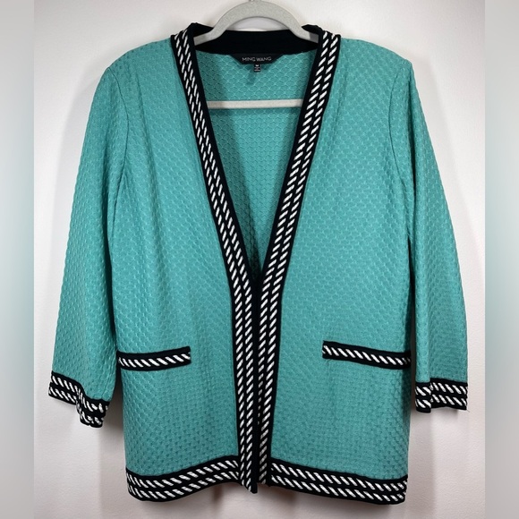 NWOT MING WANG Women’s Turquoise Black and White Knit Cardigan Size Medium - Picture 1 of 5